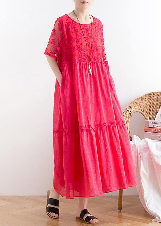 Handmade Organza Patchwork Cotton O Neck Summer Catwalk Red Kaftan Dress