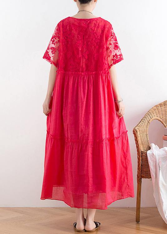 Handmade Organza Patchwork Cotton O Neck Summer Catwalk Red Kaftan Dress
