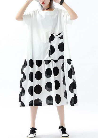 Handmade Patchwork Pockets Linen Cotton Dresses Photography White Dotted Dress Summer