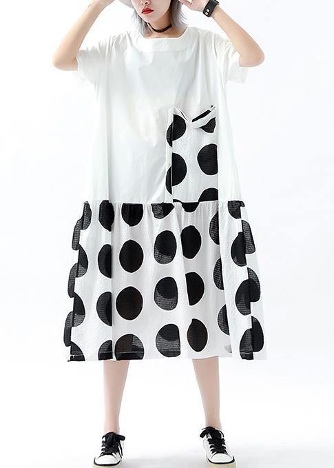 Handmade Patchwork Pockets Linen Cotton Dresses Photography White Dotted Dress Summer