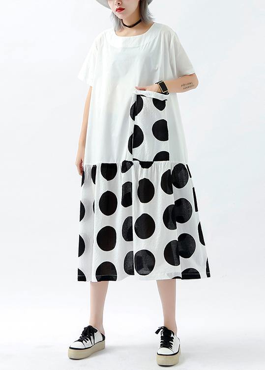 Handmade Patchwork Pockets Linen Cotton Dresses Photography White Dotted Dress Summer