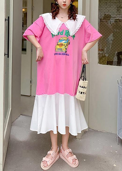 Handmade Pink Cartoon Print Tunics for Ruffled Patchwork Dress