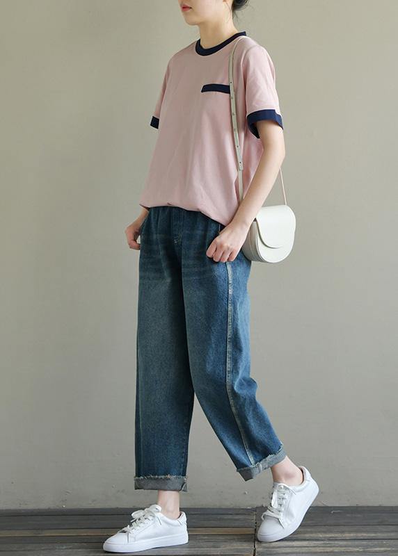 Handmade Pink Cotton Tunic Top O Neck Short Sleeve Summer Tops