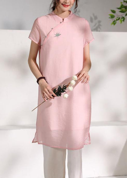 Handmade Pink Stand Collar Embroidery Dress