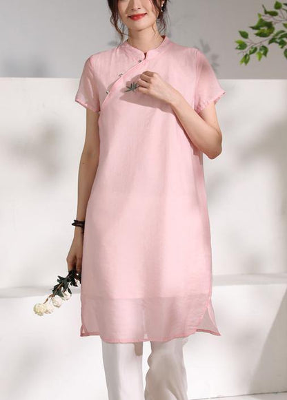 Handmade Pink Stand Collar Embroidery Dress