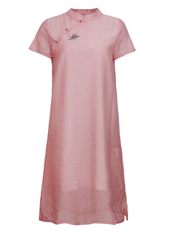 Handmade Pink Stand Collar Embroidery Dress