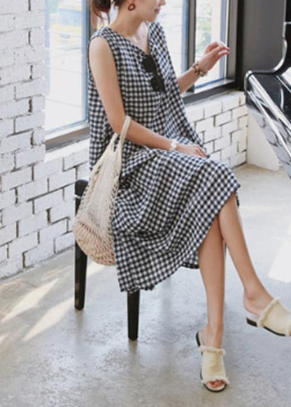 Handmade Plaid Linen Wardrobes Cinched O Neck Clothing Summer Dress