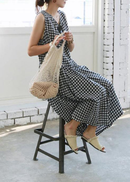 Handmade Plaid Linen Wardrobes Cinched O Neck Clothing Summer Dress