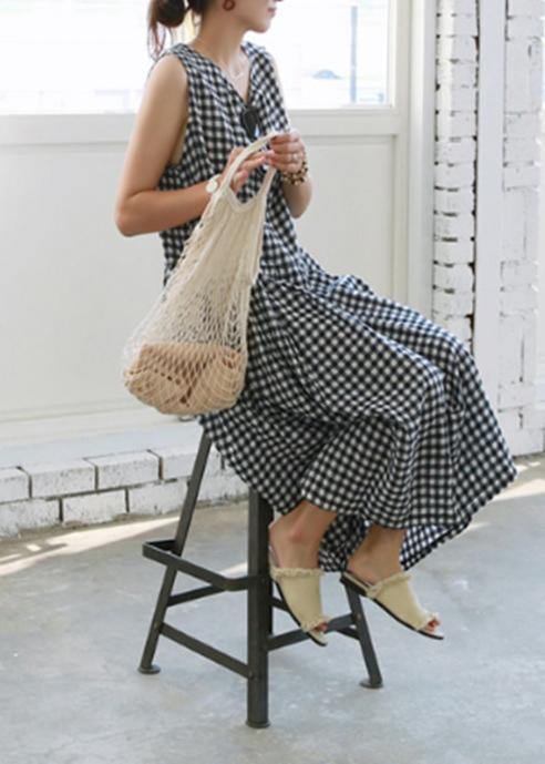 Handmade Plaid Linen Wardrobes Cinched O Neck Clothing Summer Dress