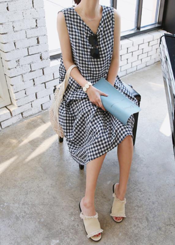Handmade Plaid Linen Wardrobes Cinched O Neck Clothing Summer Dress