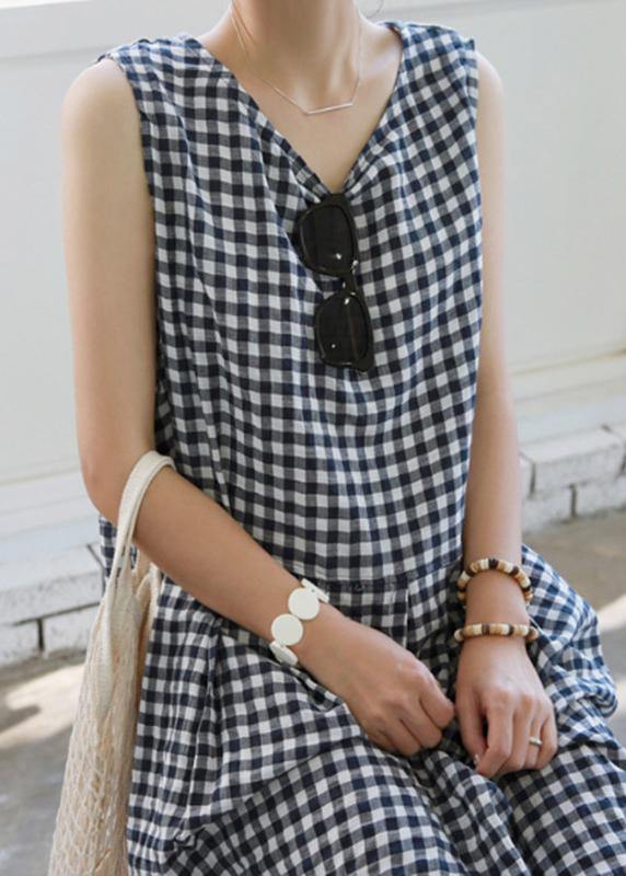 Handmade Plaid Linen Wardrobes Cinched O Neck Clothing Summer Dress