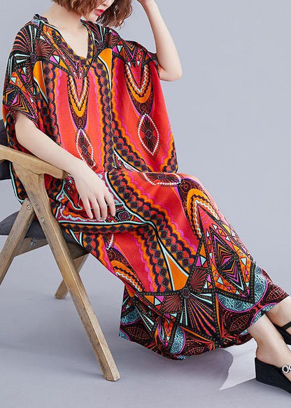 Handmade Prints Cotton Wardrobes Runway Red V Neck a Line Dresses Summer