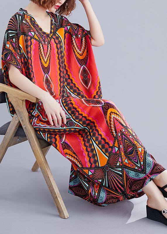 Handmade Prints Cotton Wardrobes Runway Red V Neck a Line Dresses Summer