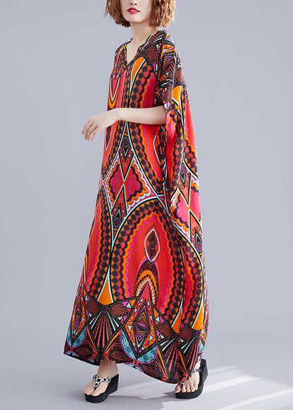 Handmade Prints Cotton Wardrobes Runway Red V Neck a Line Dresses Summer
