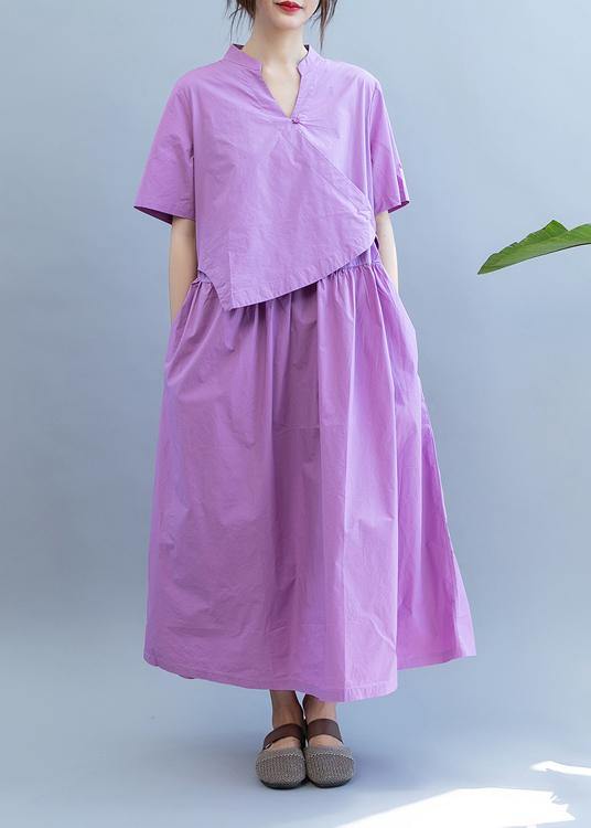 Handmade Purple Dress V Neck Patchwork Dress