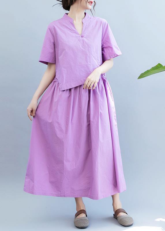 Handmade Purple Dress V Neck Patchwork Dress