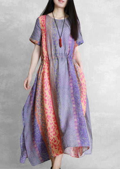 Handmade Purple Print Dress O Neck Drawstring Robe Dress