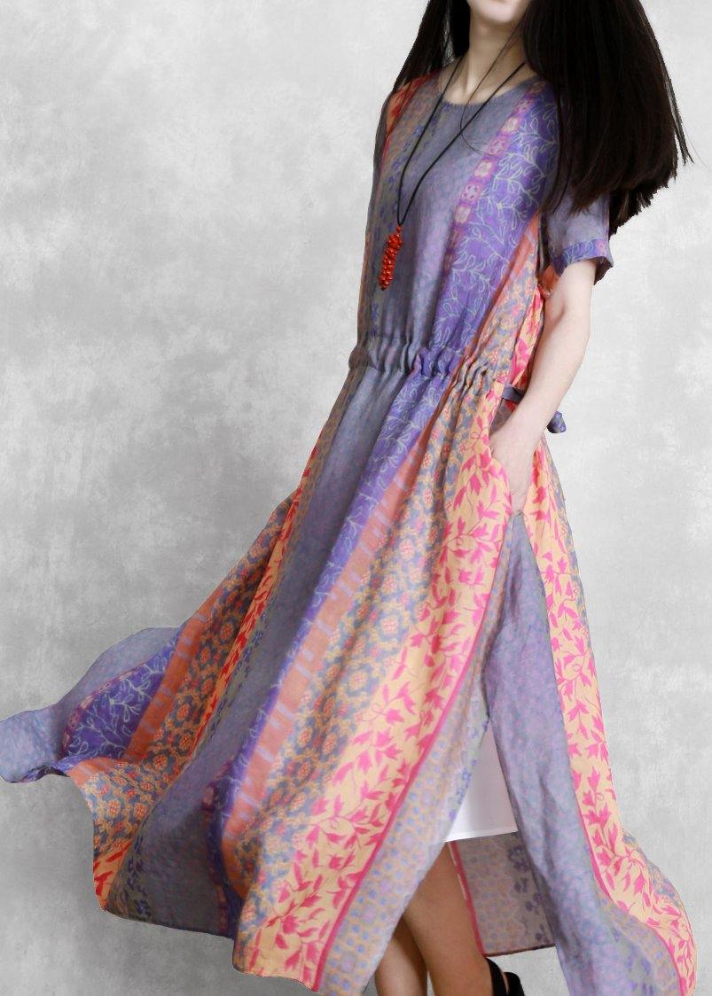 Handmade Purple Print Dress O Neck Drawstring Robe Dress