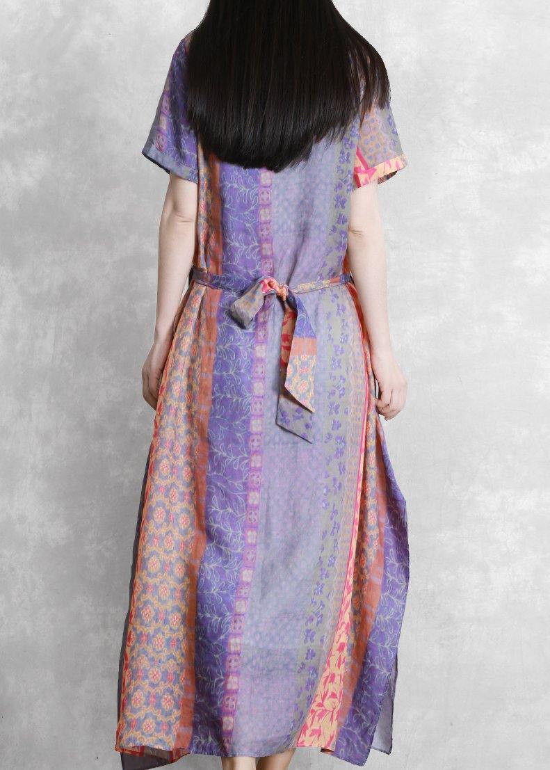 Handmade Purple Print Dress O Neck Drawstring Robe Dress