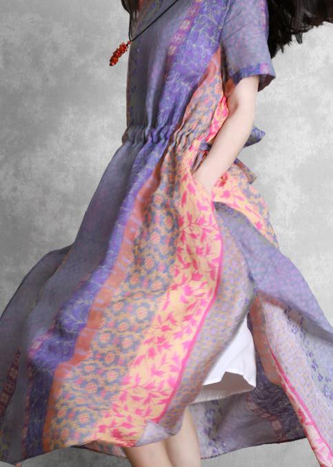 Handmade Purple Print Dress O Neck Drawstring Robe Dress