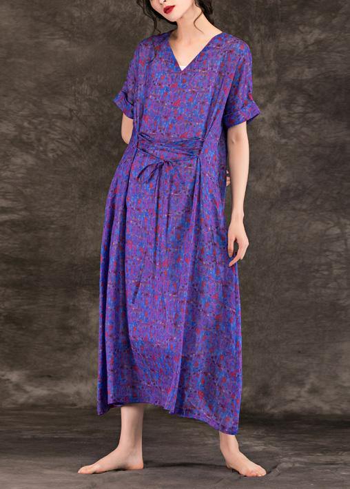 Handmade Purple Print Linen Clothes for V Neck Tie Waist Maxi Summer Dresses