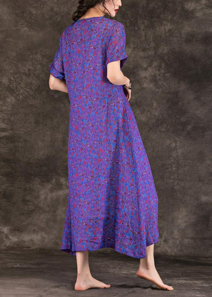 Handmade Purple Print Linen Clothes for V Neck Tie Waist Maxi Summer Dresses