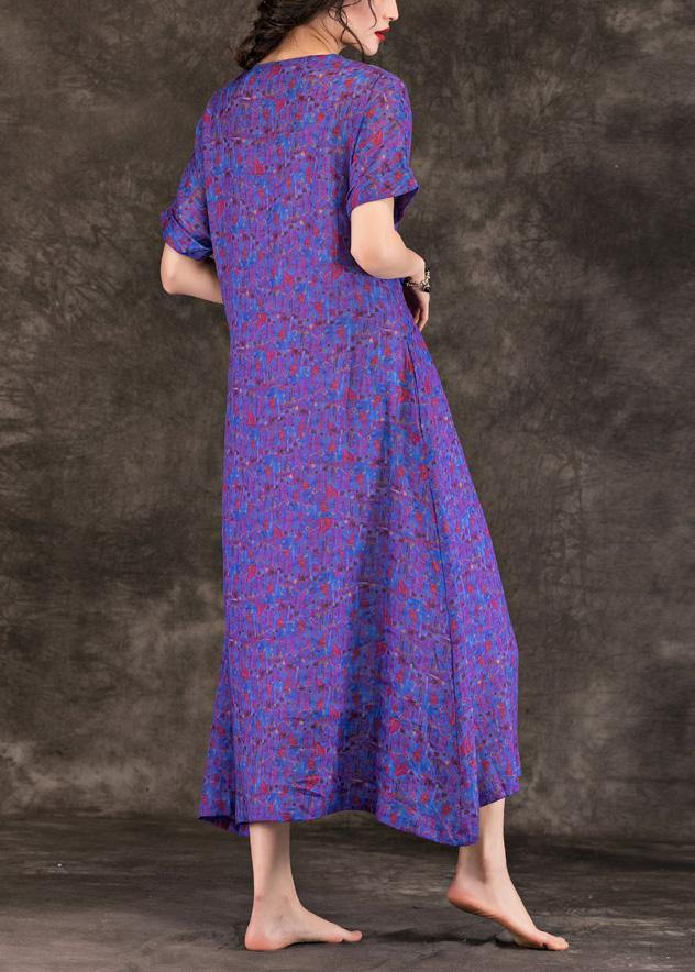 Handmade Purple Print Linen Clothes for V Neck Tie Waist Maxi Summer Dresses