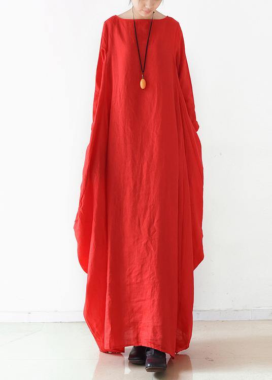 Handmade Red Dress O Neck Long Sleeve Robe Dresses