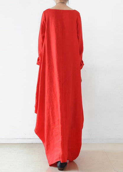Handmade Red Dress O Neck Long Sleeve Robe Dresses