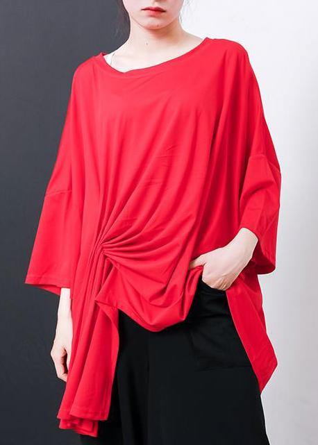 Handmade Red Cotton Blouses for Irregular Design Pleated Color T-shirt