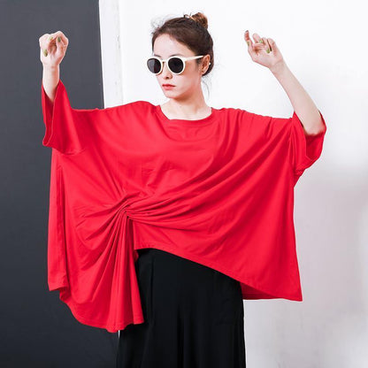 Handmade Red Cotton Blouses for Irregular Design Pleated Color T-shirt