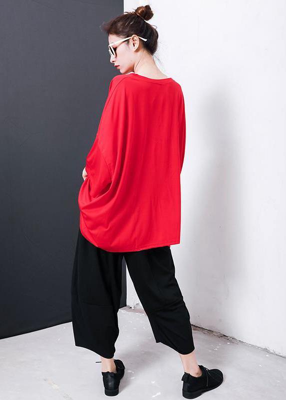 Handmade Red Cotton Blouses for Irregular Design Pleated Color T-shirt