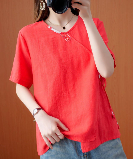 Handmade Red Embroidery Shirts V Neck Tie Waist Cotton Top