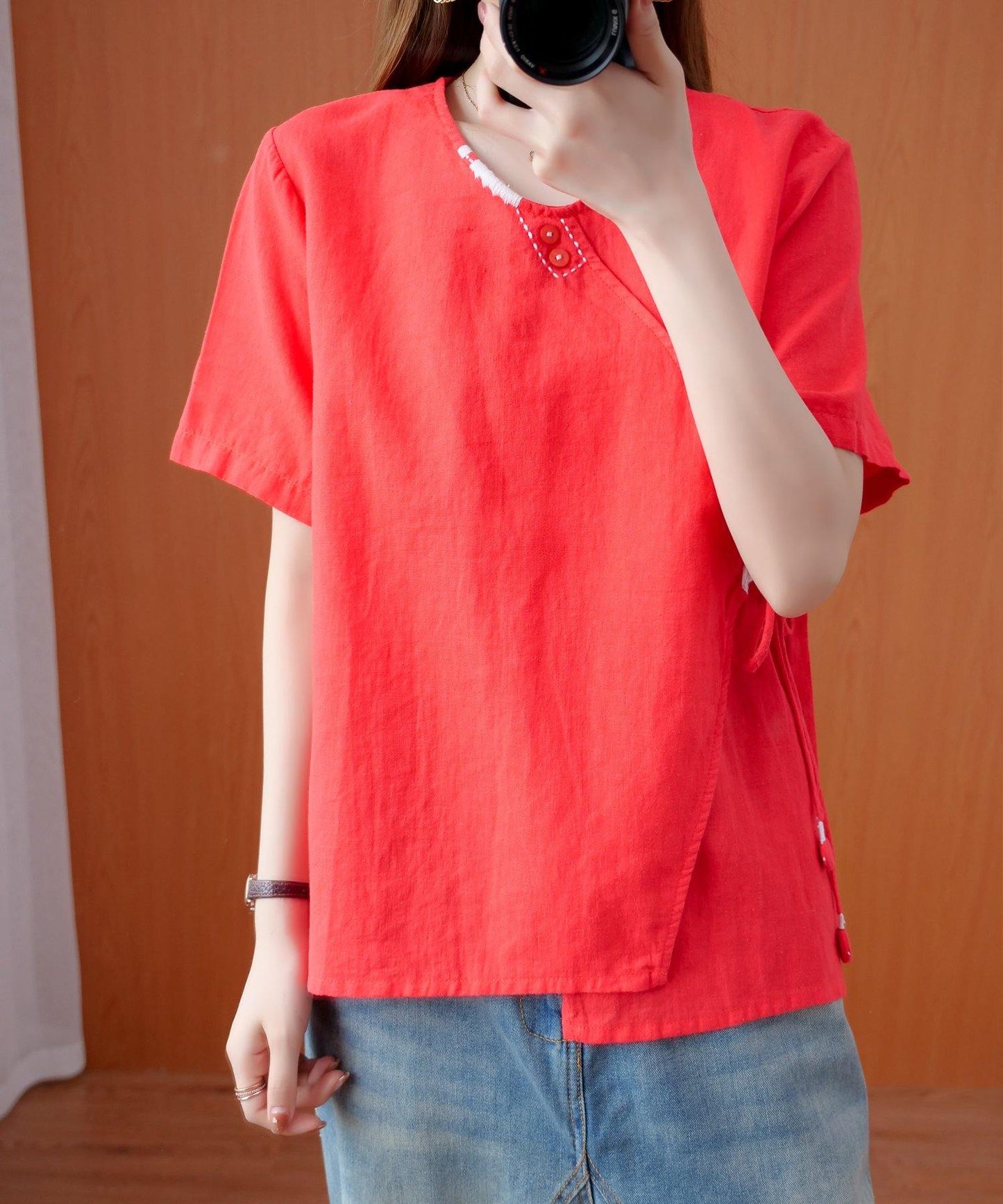Handmade Red Embroidery Shirts V Neck Tie Waist Cotton Top