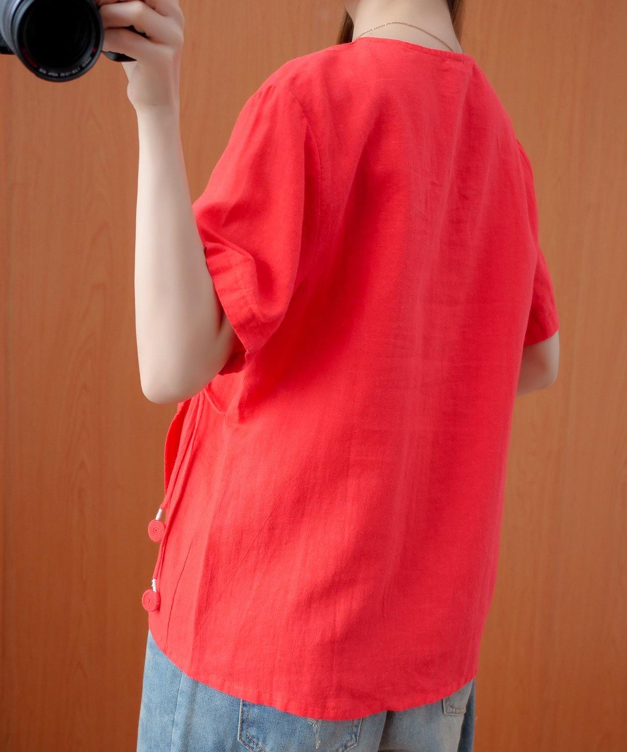 Handmade Red Embroidery Shirts V Neck Tie Waist Cotton Top