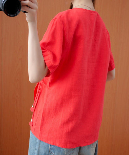Handmade Red Embroidery Shirts V Neck Tie Waist Cotton Top