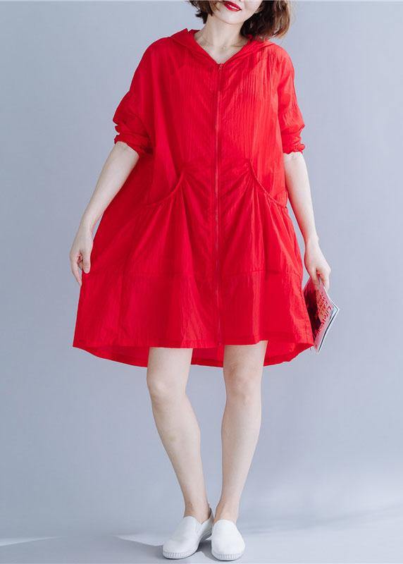 Handmade Red Hooded Cotton Long Shirts Ruffles Baggy Summer Top