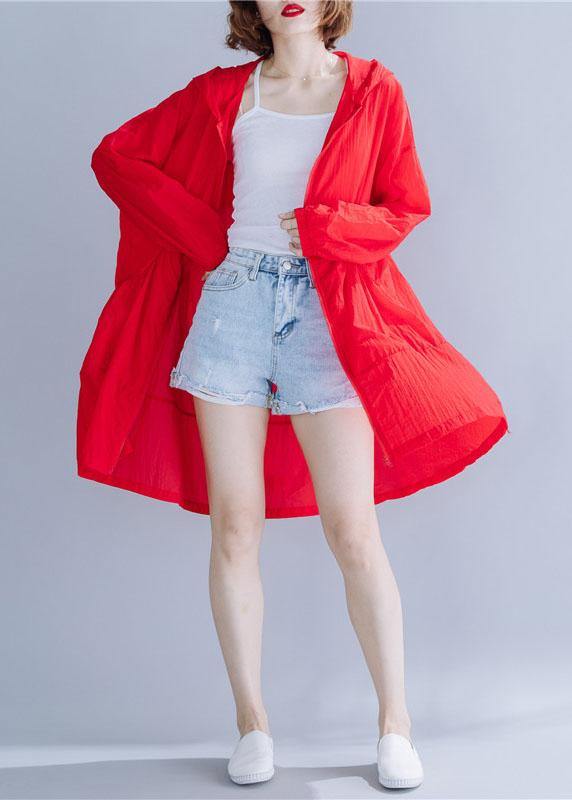 Handmade Red Hooded Cotton Long Shirts Ruffles Baggy Summer Top