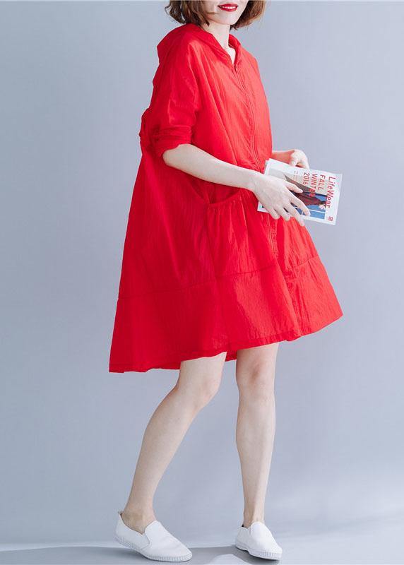 Handmade Red Hooded Cotton Long Shirts Ruffles Baggy Summer Top