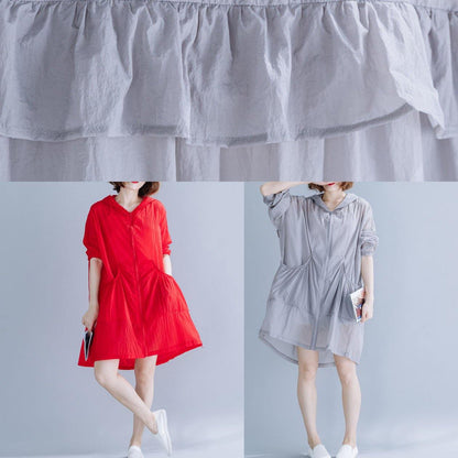 Handmade Red Hooded Cotton Long Shirts Ruffles Baggy Summer Top