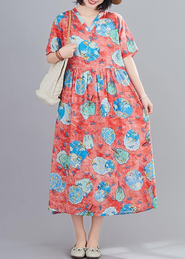 Handmade Red Print Tunics V Neck Cinched Robe Summer Dresses