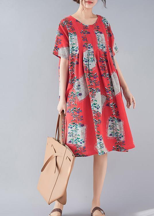 Handmade Red Print Linen Clothes Fine Tutorials O Neck Baggy Summer Dresses