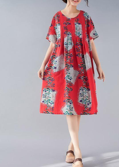 Handmade Red Print Linen Clothes Fine Tutorials O Neck Baggy Summer Dresses