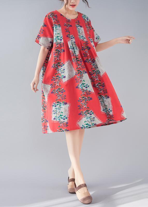 Handmade Red Print Linen Clothes Fine Tutorials O Neck Baggy Summer Dresses