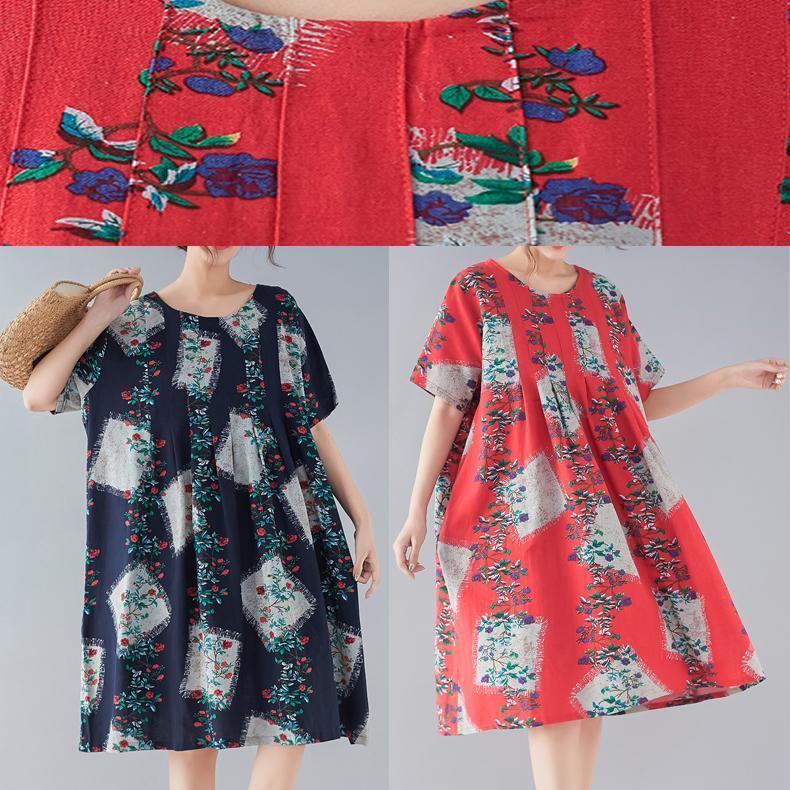 Handmade Red Print Linen Clothes Fine Tutorials O Neck Baggy Summer Dresses