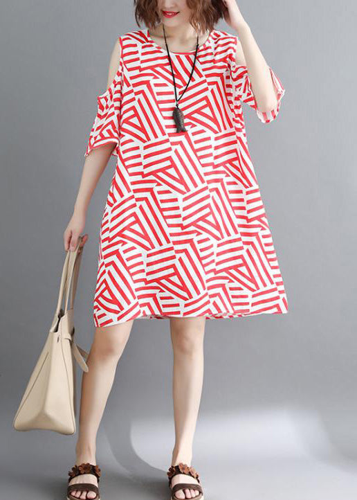 Handmade Red Striped Cotton Clothes Omychic Off the Shoulder Daily Summer Dress