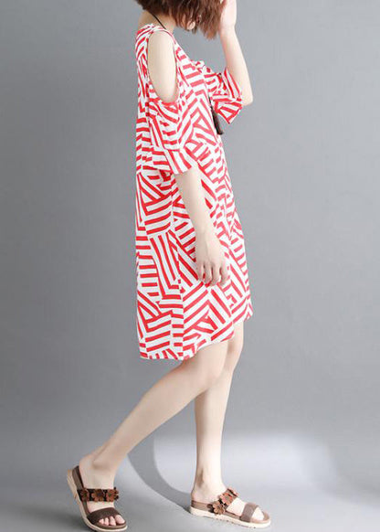 Handmade Red Striped Cotton Clothes Omychic Off the Shoulder Daily Summer Dress