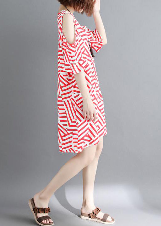Handmade Red Striped Cotton Clothes Omychic Off the Shoulder Daily Summer Dress