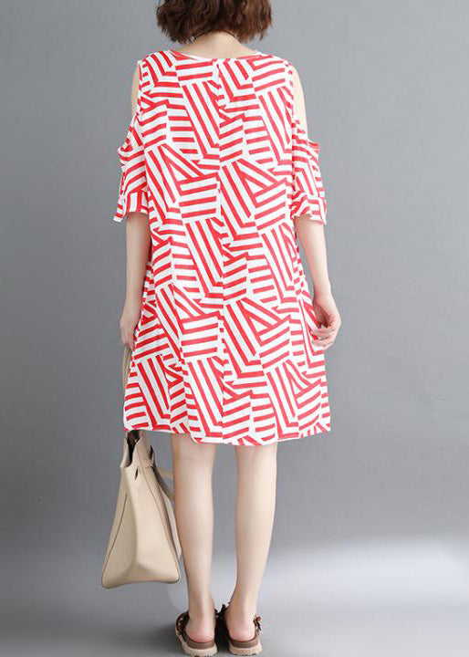 Handmade Red Striped Cotton Clothes Omychic Off the Shoulder Daily Summer Dress