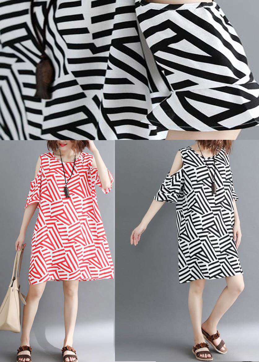 Handmade Red Striped Cotton Clothes Omychic Off the Shoulder Daily Summer Dress